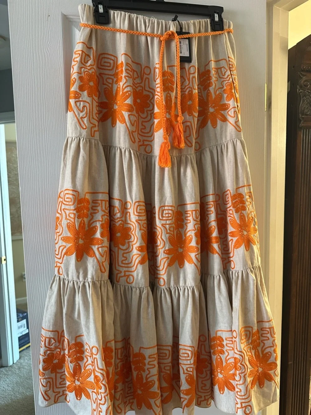 Designer Maje Tiered Cotton-Blend Maxi Skirt w/ Orange Floral Embroidery Sz 10 - Picture 1 of 7